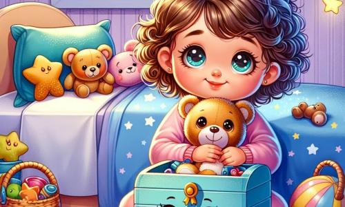 An illustration depicts a little girl with curly hair, sparkling curious eyes, and a shy smile. She is sitting on her bed surrounded by stuffed animals, holding her teddy bear close, showing both excitement and apprehension. Next to her is a cheerful blue toy chest with a smiling face and bright eyes, appearing comforting and friendly. It is open, ready to welcome toys, exuding warmth and safety. The scene takes place in a colorful children's room with pastel-painted walls, twinkling stars on the ceiling, and toys scattered on the floor. Soft moonlight filters through the window, creating gentle, soothing shadows. The main situation shows the little girl about to fall asleep, reminiscing about the comforting stories her toy chest tells her as she overcomes her fear of the dark. Additional graphic elements include bright stars in the night sky visible through the window, a fluffy rug under the bed, and colorful toys that add life to the scene, enhancing the warm and reassuring atmosphere of this magical night.