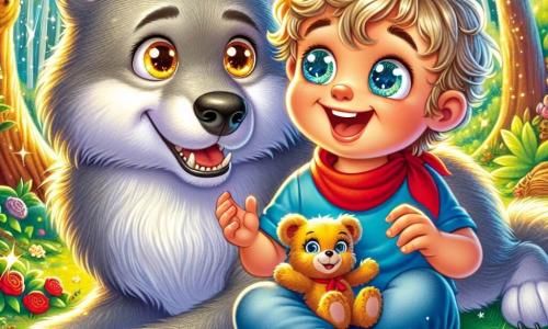 Un niño de 4 años, llamado Tomás, con grandes ojos redondos y brillantes, lleva una pequeña bufanda roja y una camiseta azul. Tiene una sonrisa cálida y curiosa, y está sentado en la hierba verde acariciando a un gran lobo de pelaje gris, que tiene ojos brillantes y tristes. El lobo, aunque grande, tiene una postura suave y amigable, mostrando sus dientes con una ligera sonrisa. Al lado de Tomás, su osito de peluche, Tino, está sentado con una cara sonriente y brazos abiertos, como si también quisiera abrazar al lobo. La escena se desarrolla en un claro encantado del bosque mágico, rodeado de árboles con hojas brillantes, donde flores coloridas bailan al ritmo del viento. Rayos de sol atraviesan las ramas, creando destellos dorados en el suelo. Tomás y el lobo están jugando juntos, el niño riendo alegremente, mientras el lobo inclina la cabeza, intrigado y feliz de haber encontrado un amigo.