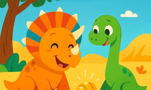 Wesoły triceratops o imieniu Tosiek, z dużym uśmiechem, trzema ostrymi rogami i kolorowym kołnierzem, stoi na miękkim dywanie złotego piasku. Obok niego mały zielony diplodok o imieniu Dino, z długą szyją i oczami błyszczącymi ciekawością, z zachwytem patrzy na lśniący muszelkę, którą właśnie odkryli. Niebo jest jasnoniebieskie, usiane kilkoma puszystymi białymi chmurami, a duże drzewo z zielonymi, bujnymi liśćmi oferuje cień naszym dwóm przyjaciołom. Scena pokazuje Tosika i Dino siedzących razem, badających ich błyszczący skarb, otoczonych wydmami piasku i małymi kolorowymi roślinami, pełnymi ekscytacji i szczęścia.