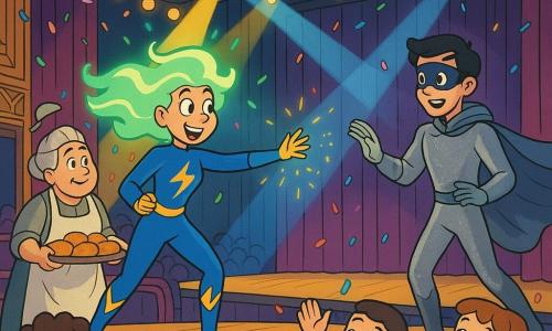 Heroine ZapaZoom smiles reassuringly with glowing emerald-green hair and a fitted electric-blue suit with yellow lightning motifs, arms outstretched emitting small sparkles toward the Flicker Phantom, a surprised relieved young man in a shimmering silver-gray costume and semi-transparent cape reaching toward her from the right; Mrs. Bumble, a flour-dusted 60-year-old baker with gray hair in a bun and an apron holds a tray of rolls in the front-left of the audience; an amazed curly-haired 8-year-old boy and a 7-year-old girl in polka-dot dresses stand at the front applauding; the scene is an Art Deco concert hall with a grand crystal chandelier, purple curtains, velvet seats, hanging lanterns and yellow-and-blue spotlights while rainbow confetti falls, lights blaze and the crowd cheers.