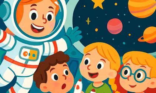 Eine lächelnde Astronautin mit einem glänzenden Helm und einem weißen Raumanzug, der mit lebhaften Farben verziert ist, schwebt fröhlich in ihrem Raumschiff. Ihre Augen funkeln vor Aufregung, während sie durch das Fenster schaut. Im Inneren des Raumschiffs sitzen drei neugierige Kinder, zwei Jungen und ein Mädchen im Alter von 5 bis 7 Jahren, auf bequemen Sitzen. Der erste Junge mit braunen, lockigen Haaren zeigt auf einen hellen Stern draußen, während das Mädchen mit blonden Zöpfen lächelt und ein kleines Raketenmodell hält. Der zweite Junge mit Brille und blonden Haaren schaut aufmerksam auf einen Bildschirm, der Bilder von Planeten zeigt. Das Raumschiff ist voller bunter Lichter, blinkender Knöpfe und Kontrolltafeln. Draußen erstreckt sich ein sternenklarer Himmel mit bunten Planeten und funkelnden Nebeln. Die Hauptsituation zeigt die Astronautin, die den Kindern die Wunder des Weltraums erklärt, während sie alle gemeinsam einen Moment der Freude und des Staunens erleben und von interstellaren Abenteuern träumen.