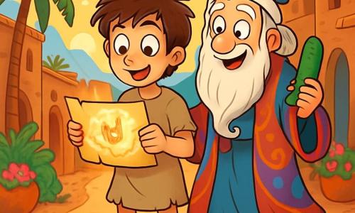 Ardushir, een jongen van ongeveer 12 jaar, heeft rommelig bruin haar en nieuwsgierige sprankelende ogen. Hij draagt een eenvoudige beige tuniek, licht versleten, en leren sandalen. Hij staat op een stoffige weg met een mysterieuze kaart die schittert in het licht van een ondergang, zijn gezicht getekend door verbazing en opwinding. Naast hem staat de Scheve Profeet, een man van ongeveer 60 jaar met een lange witte baard en een kleurrijke jurk die om hem heen waait. Hij struikelt een beetje, met een ondeugende glimlach op zijn lippen, terwijl hij een magische komkommer in zijn hand houdt. De achtergrond toont een oude stad met warme, aardse bakstenen huizen, zacht wuivende palmbomen en smalle straatjes vol met bloempotten. In de verte zijn majestueuze bergen zichtbaar onder een azuurblauwe lucht. De hoofdsetting laat Ardushir zien, verward maar vastberaden, die de magische kaart bestudeert terwijl de Scheve Profeet hem de zoektocht naar de Dansende Kip uitlegt, een avontuur vol mysterie en magie.