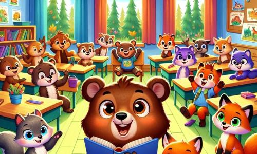 Um pequeno urso marrom chamado Bruno, com olhos brilhantes e um sorriso radiante, está no centro de uma sala de aula colorida, cercado por desenhos da floresta nas paredes. Ele está entusiasmado e segura um livro aberto em suas patas, pronto para compartilhar sua história com os amigos. Ao seu lado, uma pequena raposa laranja chamada Lila, com olhos brilhantes e uma expressão alegre, o encoraja levantando uma pata, ansiosa para ouvir. Ao fundo, outros animais da floresta, como um esquilo e uma coruja, escutam atentamente, com rostos iluminados pela curiosidade. A sala de aula é cheia de cores vivas, com mesas de madeira e cartazes educativos sobre a natureza, criando uma atmosfera acolhedora. A cena principal mostra Bruno e Lila compartilhando seu projeto de livro sobre a floresta, cercados por seus colegas, todos cativados pela aventura que estão prestes a contar.