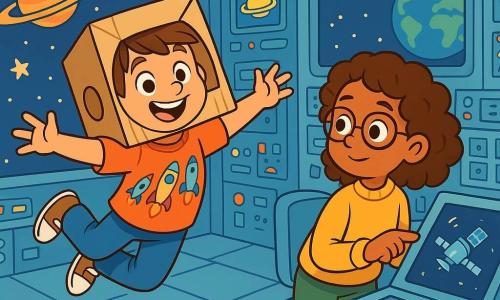 Bobby Baxter, a 10-year-old boy with brown hair and sparkling curious eyes, wears a shiny cardboard helmet and a T-shirt with colorful rockets. He joyfully floats in a zero-gravity simulation room, a big smile on his face, arms spread wide as if flying among the stars. Next to him, Maya, a 10-year-old girl with curly hair and glasses, attentively observes a control screen, a focused look on her face. The setting is a futuristic room with walls covered in bright control panels, screens displaying images of planets and satellites, and a cushioned floor that seems to bounce under their feet. The main scene shows Bobby and Maya on a mission, working together to repair a damaged satellite, surrounded by their classmates, all wearing colorful astronaut suits, laughing and encouraging each other in this exciting space adventure.