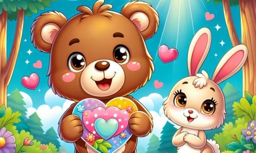 Ilustración de un pequeño oso de peluche y un niño de cabello castaño y ojos brillantes de alegría, sosteniendo una tarjeta colorida en forma de corazón. Sonríe ampliamente, mostrando su entusiasmo y amor por su mamá. Junto a él, una conejita, una niña con grandes orejas y pelaje blanco suave, observa con admiración la tarjeta que sostiene el oso. El fondo es un bosque encantado con altos árboles, flores coloridas y rayos de sol filtrándose entre las ramas. La escena muestra al pequeño oso celebrando el Día de la Madre, listo para regalar su tarjeta a su mamá, rodeado de la belleza de la naturaleza. Elementos gráficos adicionales incluyen corazones flotantes y flores alrededor, creando una atmósfera alegre y festiva.