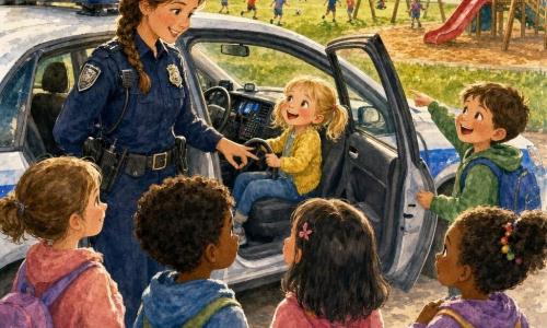 Een glimlachende vrouwelijke politieagente met bruin gevlochten haar in een net donkerblauw uniform met glanzend badge staat bij een open politiewagen en toont kinderen de knoppen en radio; Emma (ongeveer 5) met blonde staartjes zit voorin en raakt het stuur aan, Max (ongeveer 6) met kort bruin haar wijst naar de speeltuin bij de open achterdeur, twee andere kinderen (4–6) met kleurrijke rugzakken kijken toe; park in de late namiddag met groen voetbalveld, rode glijbaan, houten schommels, loofbomen en pasteloranje lucht; zachte aquarelkleuren, zacht licht, licht onscherpe randen en gecontroleerde spetters voor een warm, kinderlijk effect.