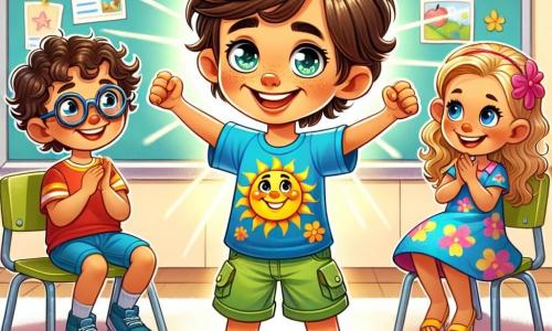 Een 7-jarig jongetje, Finn, staat in het midden van het podium met een grote glimlach op zijn gezicht en glinsterende ogen vol vertrouwen. Hij draagt een heldere blauwe T-shirt met een grote, lachende zonillustratie en een korte groene broek. Finn maakt een overwinning gebaar met zijn armen omhoog, alsof hij net een presentatie heeft afgerond. Rechts van hem staat Lotte, een 7-jarig meisje met mooie vlechten en ronde bril, die enthousiast applaudisseert, vol trots voor haar vriend. Ze draagt een kleurrijke jurk met bloemenpatronen en staat vol energie. Links zit Tom, een 7-jarige jongen met rommelig bruin haar, die glimlacht en zijn duim opsteekt als aanmoediging. Hij draagt een rode T-shirt en een blauwe short en is zichtbaar onder de indruk van Finns optreden. De illustratie speelt zich af in een lichte en kleurrijke klaslokaal, met muren versierd met kindertekeningen, educatieve posters en een schoolbord. De ramen laten zonlicht binnen, waardoor de ruimte een warme en gastvrije sfeer creëert. De hoofdscène toont Finn, stralend van vertrouwen, na zijn eerste presentatie over dinosaurussen voor zijn klasgenoten, die zijn succes vieren en hem aanmoedigen.