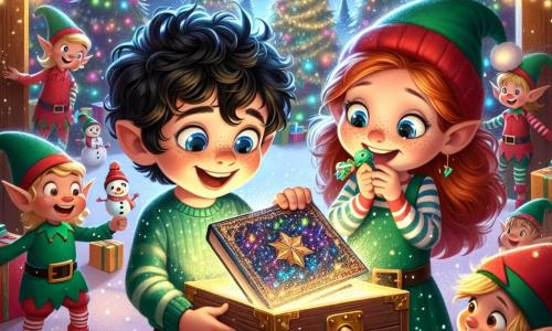 Un ragazzo di 5 anni, di nome Luca, con capelli neri e ricci, occhi blu che brillano di gioia, si trova al centro dell'immagine, sorridendo con meraviglia mentre scopre un libro magico scintillante in una vecchia scatola di legno. Accanto a lui, una bambina di 6 anni, Sofia, con capelli rossi e lentiggini, tiene un ornamento a forma di pupazzo di neve, i suoi occhi brillano di eccitazione mentre ammira il libro. Sullo sfondo, elfi dalle orecchie a punta, vestiti con costumi verdi e rossi, si affaccendano a impacchettare regali colorati, riempiendo l'aria di risate e canti di Natale. Il luogo è un paese incantato di Natale, con alberi maestosi decorati con luci e fiocchi di neve che cadono dolcemente, creando un'atmosfera magica e accogliente. La scena principale mostra Luca e Sofia, meravigliati dalla magia del libro, circondati da regali scintillanti, mentre gli elfi si attivano gioiosamente intorno a loro, pronti a condividere la magia del Natale.