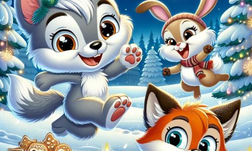 Um pequeno lobo chamado Lobozinho, com pelagem cinza macia e olhos brilhantes de alegria, salta na neve cintilante, com um grande sorriso no rosto. Ao lado dele, uma coelhinha travessa, a Coelhina, com orelhas longas e pelagem branca, ri enquanto lança uma bola de neve, seus olhos brilhando de excitação. Um pouco mais adiante, a Raposa, com sua pelagem ruiva e expressão travessa, prepara biscoitos em uma mesa de madeira decorada com luzes. Ao fundo, uma floresta coberta de neve, com árvores majestosas e estrelas cintilantes em um céu noturno, cria uma atmosfera mágica. A cena representa uma alegre festa de Natal, onde os amigos se divertem juntos, cercados de presentes coloridos e risadas, celebrando o espírito natalino na magia da neve.