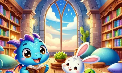 Um pequeno dragão azul, com escamas brilhantes e olhos cintilantes de excitação, segura um velho livro com suas pequenas patas, sorrindo entusiasticamente. Ao seu lado, um coelhinho branco de grandes orelhas e pelagem macia salta de alegria, seus olhos redondos brilhando de curiosidade. Uma tartaruga verde, com uma carapaça brilhante e uma expressão serena, observa atentamente, com os olhos sábios semicerrados, sentada em uma prateleira de madeira. O local é uma biblioteca mágica, cheia de prateleiras de madeira esculpida, livros coloridos e luzes suaves filtrando através de grandes janelas. Tapetes macios e almofadas coloridas estão espalhados pelo chão, criando uma atmosfera acolhedora. A cena principal mostra o dragão azul, o coelhinho e a tartaruga descobrindo um antigo livro, com grandes sorrisos no rosto, prontos para resolver um mistério emocionante juntos.