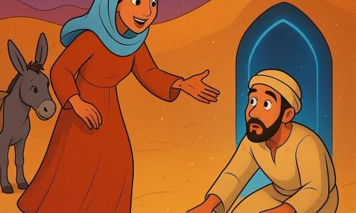 Safiya, a smiling determined woman with ink-stained hands, wears a sienna long dress and sky-blue scarf and reaches toward a door drawn in shadow on the sand; Yusef, about 30, lightly bearded and dusty, kneels to place a small silver coin before the shadow-door beside a small brass pot; a patient grey donkey with a worn pack stands left, shaking its head; the scene is a wave-like high dune of fine golden sand with dune silhouettes under a violet twilight sky and pale moon; the absent door is a dark outline on the sand with a luminous cold-blue interior and a thin polar-glass glow; swirling sand grains and a breeze animate Safiya’s scarf and make the coin glint; warm, magical visuals, saturated colors, clean lines and rounded contours in a 1990s cartoon style.