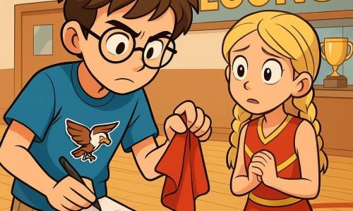 Leo, a 12-year-old boy with messy brown hair and round glasses, leans forward with a focused and determined look. He wears a blue t-shirt with a falcon design and beige shorts, holding a small notebook in one hand and a pen in the other. Next to him, Tessa, an 11-year-old girl with braided blonde hair, is dressed in a red and gold cheerleader uniform, her eyes wide with a nervous expression. She stands slightly back, looking at Leo with palpable concern. The scene takes place in a bright gymnasium with a shiny wooden floor and painted basketball lines. In the background, a large sign reads 