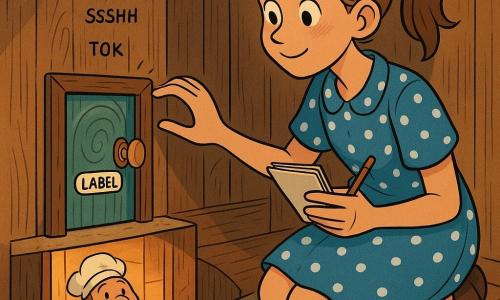 A young woman kneels in a narrow hallway with a soft, curious face, bright eyes and a shy smile, light brown ponytail, wearing a blue polka-dot dress and holding a small sketchbook and pencil in her left hand; a round, flour-dusted 55-year-old baker stands at the bottom of the stairs closing the bakery’s glass door and looking kindly toward the landing; warm amber light from the bakery illuminates aged wooden walls, stone steps, and a knee-high wooden door painted with a blue-green swirl and a tag on the knob; the woman touches the knob, leaning forward in quiet wonder, with small sound lines indicating three noises (scrape, wet rub, knock); clean graphic style, warm contrasting colors, visible wood and flour textures, composition centered on the door and the woman’s face.