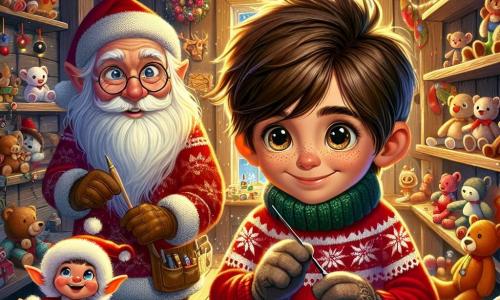 A 12-year-old boy with chestnut hair and curious sparkling eyes stands in a warm toy workshop, his face lit up by a delighted smile. He wears a red sweater with snowflake patterns and wool gloves. Beside him, an elderly man, Mr. Baird, with a long white beard and round glasses, observes kindly, holding a tool in one hand. In a corner, a small elf named Pip, with pointed ears and a red hat, busily assembles colorful buttons, adding a touch of magic to the scene. The workshop is filled with sparkling toys, polished wood, and string lights, with shelves overflowing with stuffed animals and games. The golden light from lanterns illuminates the wooden walls, creating a festive and welcoming atmosphere. The boy, focused and joyful, enthusiastically works to create a sparkling Christmas star, surrounded by the bustling energy of the workshop where the magic of Christmas comes to life.
