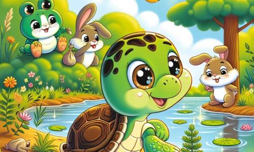 An illustration depicts a small turtle with a shiny green shell and sparkling eyes, enthusiastically planting a young tree by a pond. Next to her, a little green frog with yellow spots joyfully jumps on a lily pad, admiring the turtle. A brown rabbit with large ears stands slightly back, eyes shining with excitement, holding a small bag of litter he just picked up. The main setting is a sunny pond surrounded by lush greenery, with floating lily pads and sunlight dancing on the water, creating a joyful atmosphere. The scene shows the turtle and her friends working together to care for their environment by planting trees and cleaning up around the pond, symbolizing their commitment to protecting nature. Other graphic elements include colorful birds flying in the sky, vibrant flowers growing along the pond's edges, and a wooden sign reading "Tilly's Team" to illustrate their teamwork and mission.