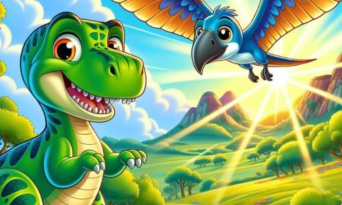 Ein junger Tyrannosaurus Rex namens Timo, mit leuchtend grüner Haut und neugierigen, funkelnden Augen, steht im Mittelpunkt des Bildes und lächelt begeistert, während er zum Himmel schaut. Seine kleinen Arme sind erhoben, als wäre er bereit, in ein Abenteuer zu fliegen. Neben ihm schwebt der majestätische Flugsaurier Aero, mit glänzenden blauen Schuppen und ausgebreiteten großen Flügeln, freundlich lächelnd über Timo. Im Hintergrund erstreckt sich eine lebendige Landschaft mit grünen Wiesen bis zum Horizont, gespickt mit großen Bäumen mit üppigem Laub und bunten Blumen, die im Wind tanzen. Die Szene spielt an einem wunderschönen, sonnigen Morgen, wo die goldenen Strahlen den blauen Himmel erhellen und eine fröhliche, hoffnungsvolle Atmosphäre schaffen. Timo und Aero bereiten sich darauf vor, gemeinsam ins Abenteuer zu starten und die wunderbare Welt um sie herum zu erkunden.