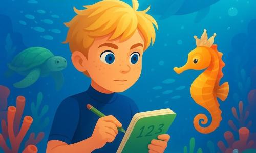 A 10-year-old boy with freckled face and tangled blond hair, eyes determined and amazed, wearing a navy wetsuit and clutching a notebook to his chest, floats gently underwater as he counts and writes numbers on a kelp sheet attached to the notebook; to his right a seahorse wearing a small shell crown points toward a glowing coral path, a massive sea turtle with weathered skin and gentle eyes glides above a school of silvery fish, and an old barnacled sperm whale rests farther off, releasing glowing bubbles and watching kindly; the scene is a colorful coral garden of red and pink coral, emerald seagrass, pale sand, silver bubble columns and blue rays of light from the surface, with a wondrous, calm, softly luminous atmosphere as his marine friends help him find the moon-counting stones.
