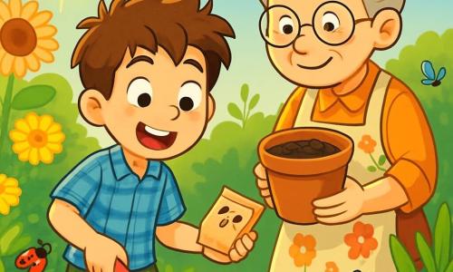 Um menino de 10 anos, Tomás, com cabelos castanhos bagunçados e olhos brilhantes de curiosidade, está no meio de um jardim vibrante de cores. Ele usa uma camisa xadrez azul e um short verde, e seu rosto expressa uma alegria radiante enquanto segura uma pequena pá de plástico, pronto para plantar sementes. Ao lado dele, sua avó, uma mulher de cerca de 70 anos, com cabelos prateados presos em um coque e óculos redondos, sorri calorosamente. Ela usa um avental florido e segura um vaso de terra, pronta para ajudar Tomás em sua tarefa. O jardim é encantador, cheio de flores vibrantes: malmequeres amarelos, girassóis dourados e ervas verdes luxuriantes. A cena principal mostra Tomás e sua avó plantando sementes, cercados pela beleza da natureza na primavera, enquanto o sol brilha suavemente, iluminando o jardim com uma luz dourada e acolhedora.