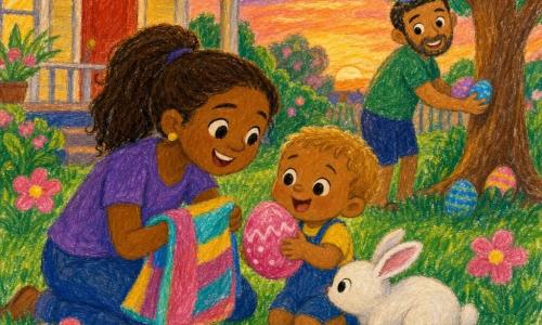 A joyful two-year-old blond boy with wide eyes and a big smile holds a large pink Easter egg while his smiling mother (about 28) kneels beside him offering a colorful towel; his father (around 30), lightly bearded and wearing a small hat, stands by a tree hiding more eggs; a curious white rabbit sniffs the egg. The green garden has textured pencil-style grass, simple pink, yellow and blue flowers, a large round-leaved tree and a small house with a red door in the background; dusk casts warm orange-pink light and a string of porch lights twinkles. Main scene: a cheerful egg hunt—bright colors, childlike pencil strokes, soft secure atmosphere.