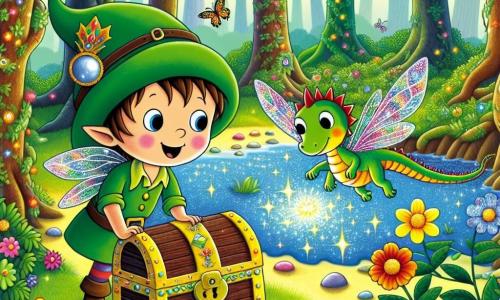 A little elf named Pip, a boy with a large green hat adorned with a sparkling bell, stands by a shimmering lake. His bright eyes express curiosity and joy as he gazes in wonder at a hidden treasure at the bottom of the water. Beside him, a small dragon named Fizzle, as cute as a kitten with bright, shiny scales, gently flies in the air, his translucent wings sparkling in the sunlight. He smiles at Pip, sharing a moment of companionship. The setting is an enchanted forest, where majestic trees rise towards the sky, their vibrant green leaves filtering sunlight. Colorful flowers line the path, and butterflies dance around them, adding a touch of magic to the environment. The main scene shows Pip and Fizzle discovering together the hidden treasure at the bottom of the lake, an ancient chest adorned with precious stones, symbolizing friendship and the magic of the forest.