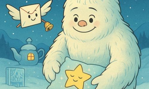 Un yeti numit Nori, mare și pufos, blană crem-alb cu reflexe albastre, față rotundă, ochi căprui blânzi și zâmbet timid, ține cu grijă o stea mică adormită pe o pernă moale; Clopoțica Poștă, o scrisoare cu un clopoțel auriu și față zâmbitoare, zboară lângă el și arată drumul cu o aripă de hârtie; steaua e mică, galben pal, cu ochii închiși, înconjurată de un halou sclipitor și fulgi minuscule; scena are loc într-o vale înzăpezită la lumina lunii, cu sol imaculat și cristale de gheață strălucitoare, o căsuță-ceainic plutitoare și o bibliotecă de gheață în fundal; principal: Nori pune blând steaua pe pernă în fața căsuței, gest protector și calm, ferestrele emană lumină caldă, atmosferă tandră și magică.