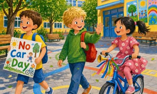 Three children: an 8-year-old boy with short brown hair in a yellow t-shirt and blue shorts walks left smiling while holding a colorful "No Car Day" sign; an 8-year-old boy with messy blond hair in a green sweatshirt walks center waving at Emma with a small red backpack; a 7-year-old girl with a black ponytail in a pink floral dress arrives on a blue bike at right with a ribbon-decorated horn and a big smile, in a schoolyard under a clear sky with paved ground and play markings, green trees, yellow school buildings with bright windows and colorful posters, a bright joyful scene of children arriving without cars, leaves in the breeze and clean air.