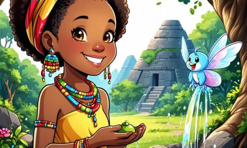Amina, o tânără africană de aproximativ 12 ani, are pielea aurie și părul creț împodobit cu mărgele colorate. Ea zâmbește cu ochii strălucitori de entuziasm, ținând în mâini o mică ulcică, pregătită să descopere o sursă de apă. Lângă ea, Mbu, un mic spirit al termitelor, este reprezentat ca o creatură veselă cu aripi translucide și un zâmbet jucăuș, plutind ușor deasupra solului, observând-o pe Amina cu bunăvoință. Decorul este o savană însorită, cu termitiere majestuoase în fundal, copaci baobabi cu trunchiuri groase și iarbă înaltă care dansează în vânt. Solul este de un roșu profund, presărat cu flori colorate. Scena principală o arată pe Amina și Mbu căutând apă, înconjurați de râsetele copiilor care se agită în jurul unei mici peșteri unde apa limpede începe să țâșnească, creând o atmosferă de bucurie și descoperire.