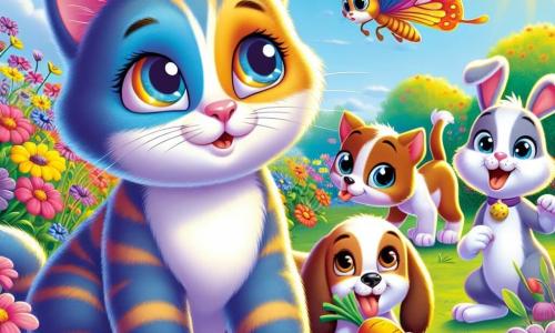 Um gato chamado Miau, com um pelo suave e listrado de cores vivas, exibe uma expressão de curiosidade e admiração, sentado no meio de um campo de flores coloridas, com os olhos bem abertos, observando uma linda borboleta que voa ao seu redor. Ao seu lado, Pula, uma coelhinha vaidosa com grandes orelhas e pelo branco, mastiga uma cenoura, sorrindo alegremente. Um pouco mais adiante, Latido, um cachorro alegre com pelo marrom e manchas brancas, corre atrás de uma bola, com a língua de fora e um olhar entusiasmado. O local é um campo ensolarado, repleto de flores vibrantes de todas as cores, sob um céu azul claro salpicado de nuvens fofas. A cena principal mostra Miau distraído pela borboleta, enquanto seus amigos continuam a correr, ilustrando o tema da amizade e da aventura.