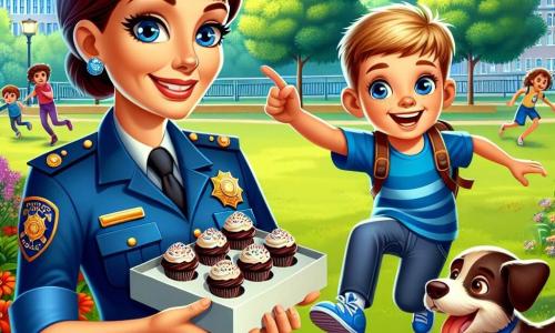 O femeie polițist, în jur de 30 de ani, cu părul brun prins într-un coc, îmbrăcată într-o uniformă albastră cu un insignă strălucitoare, zâmbește cu determinare în timp ce ține în mâini o cutie de cupcakes. Lângă ea, un băiat de 8 ani, Andrei, cu părul blond și ochii strălucitori, sare de bucurie cu un zâmbet mare pe față, arătând cu degetul spre câinele jucăuș care se află la picioarele lor. Siluetele lor se conturează într-un parc însorit, plin de copaci verzi și flori colorate, unde copii se joacă în depărtare. Scena arată femeia polițist și băiatul descoperind cupcakes-urile furate, înconjurați de o atmosferă veselă și prietenoasă, simbolizând spiritul de cooperare și aventură.