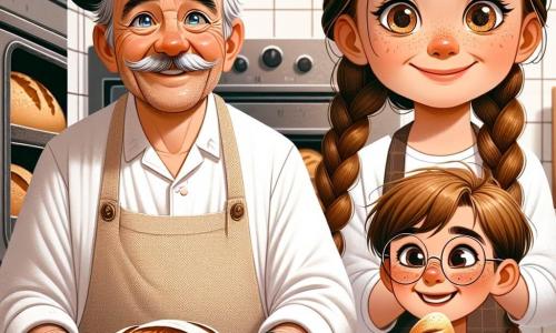 Ein Mann, der Bäcker Herr Müller, steht im Mittelpunkt des Bildes, lächelnd mit funkelnden, freudigen Augen. Er trägt ein weißes Hemd, eine beigefarbene Schürze und ein schwarzes Barett, seine Wangen sind leicht gerötet von der Hitze des Ofens. Er holt gerade ein goldbraunes Brot aus dem Ofen, mit einem Ausdruck des Stolzes auf seinem Gesicht. Neben ihm steht ein Mädchen namens Lisa, etwa 8 Jahre alt, mit langen, geflochtenen braunen Haaren, das das Brot staunend beobachtet. Sie trägt eine kleine rosa Schürze und hat die Hände in die Hüften gestemmt, ungeduldig darauf wartend, das frisch gebackene Brot zu probieren. Hinter ihnen steht ein Junge namens Tim, ebenfalls 8 Jahre alt, mit runden Brillen und Sommersprossen auf der Nase, der ein kleines Brot hält, das er selbst geformt hat. Er lächelt breit und steht auf den Zehenspitzen, um besser in den Ofen sehen zu können. Die Szene spielt sich in einer charmanten Bäckerei mit roten Ziegelwänden und Holzregalen voller bunter Backwaren ab. Sonnenstrahlen filtern durch die Fenster, beleuchten das Mehl in der Luft und schaffen eine warme, einladende Atmosphäre. Die Hauptsituation zeigt Herrn Müller, umgeben von den Kindern, die seine Leidenschaft für das Bäckerhandwerk teilen, während sie gemeinsam die Freude am Kreieren und Genießen von frischem Brot entdecken.