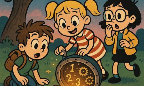 Drie kinderen: een 9‑jarig meisje met blonde vlechtjes, rood‑wit gestreepte jurk en blauwe ogen houdt een kleine glanzende metalen handgreep en leunt over een deels open ronde ijzeren luik; een 10‑jarige jongen met warrig bruin haar, groen T‑shirt, versleten jeans en bruine rugzak knielt links op de grond en kijkt verwonderd in het luik; een 9‑jarig meisje met kort zwart haar, gele jas en ronde bril staat rechts met hand voor de mond, verbaasd en klaar om te volgen. Plaats: een park bij schemering onder een oude eik, groen gras met kleine bloemetjes, verse aarde rond het luik dat versierd is met wijzerplaten en kleine ingelegde klokjes; warme geelachtige lichtstraal komt uit het luik en contrasteert met de blauwroze lucht. Hoofdsituatie: de drie kinderen ontdekken een verborgen tijdluik met goudkleurig licht, glinsterende tandwielen en zwevende cijfers binnenin, sfeer van verwondering en nieuwsgierigheid in een retro‑cartoonstijl met zachte lijnen en verzadigde kleuren.