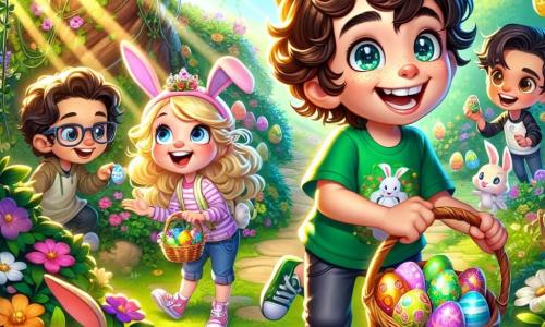 An 8-year-old boy named Oliver, with curly brown hair and sparkling blue eyes, smiles enthusiastically while holding a basket filled with colorful eggs. He wears a green T-shirt with a bunny pattern and stands at the center of the scene, surrounded by his friends. Mia, an 8-year-old girl with a pink bunny hat and blonde hair, crouches near a flower pot, amazed by a little crowned frog she just discovered. Leo, an 8-year-old boy with black hair and glasses, stands next to Oliver, joyfully laughing while holding a shiny egg he found behind a garden statue. The scene takes place in a magical garden filled with vibrant flowers, dancing butterflies, and sunlight filtering through the tree leaves. In the background, a mysterious path leads to a secret corner of the garden. The main situation shows Oliver and his friends in the middle of an Easter egg hunt, laughing and marveling at the magical surprises they discover, while an adorable bunny with big ears watches them with a mischievous smile.