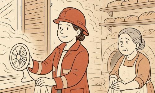 Feuerwehrfrau, etwa dreißig, rundes lächelndes Gesicht, kurze Haare unter seitlich aufgesetztem Helm, offene Jacke, sie öffnet ein Fenster und schiebt einen alten Holzladen beiseite, hält einen kleinen tragbaren Ventilator; Bäckerin (Frau Müller), etwa 45, etwas korpulent, mehlbestäubte Schürze, graue Haare im Dutt, besorgt aber erleichtert, steht am offenen Backofen und wischt sich die Hände am Tuch; ein sechsjähriges Mädchen mit Zöpfen hält eine kleine orange Katze und schaut erstaunt, aber beruhigt zur Tür; Innenraum einer alten Bäckerei: Backöfen aus Ziegeln, hölzerne Regale mit Brot, Mehlsäcke, gerillter Holztresen, leichte Vorhänge im Zug, diagonale Sonnenstrahlen durchs Mehlstaub; leicht verrauchte Atmosphäre mit feinen Rauchlinien, klare dynamische Rettungsgesten, warme, ruhige Stimmung, deutliche grafische Details (Mehlbrösel, Lichtreflexe, Holztexturen).