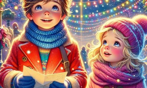 Un niño de 9 años, Lucas, con cabello castaño revuelto y ojos brillantes de curiosidad, se encuentra en el centro de la imagen, sosteniendo una carta con una gran sonrisa. Lleva un abrigo rojo brillante, una bufanda de lana azul y un gorro a juego, mientras copos de nieve caen suavemente a su alrededor. A su lado, Clara, una niña de 9 años con largas trenzas rubias y mejillas sonrojadas por el frío, mira a Lucas con asombro, sus ojos brillando de emoción. Ella lleva un abrigo rosa y guantes de lana, lista para descubrir la magia de Navidad. El fondo es un jardín nevado, iluminado por guirnaldas de luces de colores en los árboles. Lucas y Clara están rodeados de un halo de luz mágica, listos para abrir un portal estrellado que los llevará a una aventura navideña inolvidable, llena de alegría y sorpresas.