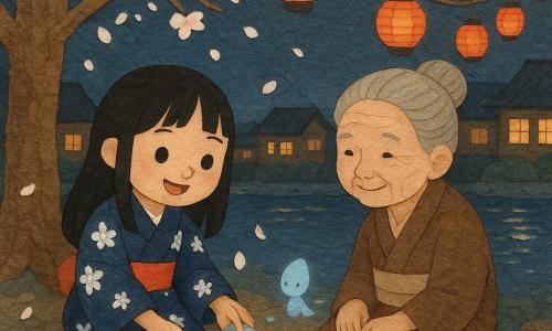 Una niña llamada Aiko de unos 12 años, de rostro redondo, ojos brillantes y pelo liso negro, arrodillada bajo un viejo ciruelo en flor con un kimono azul noche de flores blancas, ensamblando suavemente tres fragmentos brillantes de un espejo; a su lado, sentada en una raíz, su abuela de unos 70 años, con cabello gris recogido y mirada tierna y protectora; cerca del agua flotan dos pequeños espíritus del río, gotas de luz azul translúcida que señalan un cuarto destello entre las piedras; todo en una plaza de pueblo nocturna con suelo de losas irregulares, pétalos blancos cayendo, guirnaldas de faroles de papel rojos y amarillos, un río centelleante que refleja la luna y casas tradicionales de madera, durante una noche de festival con luces cálidas, reflejos plateados y una atmósfera tranquila y mágica.
