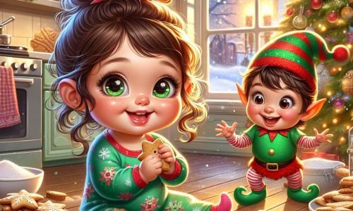 Una bambina di un anno, con grandi occhi brillanti e guance rosa, è seduta sul pavimento, circondata da biscotti a forma di stelle e alberi. Sorride meravigliata, tenendo un biscotto nelle sue manine paffute, i capelli castani ricci che le cadono sulla fronte. Accanto a lei, un elfo di Natale di nome Nino, di circa 5 anni, con orecchie a punta e un cappello rosso, balla gioiosamente. Indossa un costume verde vivo con motivi di fiocchi di neve e fa gesti divertenti, aggiungendo all'atmosfera festiva. La scena si svolge in una cucina accogliente, decorata con luci e un grande albero di Natale scintillante sullo sfondo. La tavola è coperta di farina, zucchero e decorazioni colorate, creando un'atmosfera gioiosa e accogliente. Sofia e Nino stanno preparando biscotti di Natale insieme, ridendo e condividendo momenti di felicità, mentre la neve cade dolcemente all'esterno, aggiungendo un tocco magico a questa bella serata di Natale.