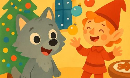 Un piccolo lupo con pelliccia morbida e grigia, grandi occhi brillanti di curiosità, si trova al centro della scena, sorridendo con meraviglia. Indossa calze di Natale colorate, troppo piccole, decorate con pompon che danzano attorno alle sue zampe. Accanto a lui, un folletto burlone dai capelli rossi e disordinati, vestito con un costume rosso vivo e un grande cappello a punta, ride gioiosamente, gli occhi brillanti di malizia. Sta giocolando con palline di Natale scintillanti, le mani alzate, pronto a lanciarle. La scena si svolge in un salotto accogliente, decorato con un grande albero di Natale illuminato, ghirlande colorate e biscotti di pan di zenzero su un tavolo di legno. Fiocchi di neve cadono dolcemente attraverso la finestra, aggiungendo un tocco magico all'atmosfera. Il piccolo lupo e il folletto burlone stanno preparando insieme la festa di Natale, ridendo e giocando con le decorazioni, creando un'atmosfera gioiosa e festiva.