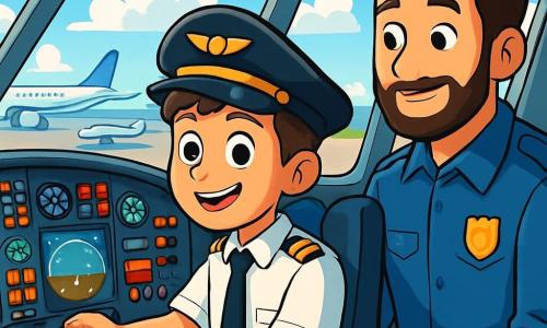 Ein junger Mann, Jonas, sitzt im Cockpit eines Flugzeugs, sein Gesicht strahlt vor Aufregung und Konzentration. Er trägt eine Pilotenuniform mit einem weißen Hemd, einer schwarzen Krawatte und einer Mütze mit einem goldenen Abzeichen. Seine leuchtenden Augen sind auf die Fluginstrumente gerichtet, während er stolz lächelt. Neben ihm beobachtet ein Sicherheitsbeamter, Tom, ein etwa dreißigjähriger Mann mit braunen Haaren und gepflegtem Bart, aufmerksam den Kontrollbildschirm. Er trägt eine blaue Uniform mit einem Abzeichen und scheint von Jonas' Fähigkeiten beeindruckt. Das Cockpit ist mit bunten Tasten, leuchtenden Instrumenten und Panoramafenstern gefüllt, die einen spektakulären Blick auf den blauen Himmel mit flauschigen weißen Wolken bieten. Draußen sind Flugzeuge auf dem Rollfeld zu sehen, bereit zum Abheben. Die Hauptsituation zeigt Jonas, der den Flug vorbereitet, konzentriert an den Einstellungen arbeitet, während Tom ihn ermutigt und sein Talent bewundert. Die Atmosphäre ist dynamisch und energiegeladen und fängt die Aufregung eines jungen Piloten ein, der bereit ist, zu neuen Abenteuern aufzubrechen.