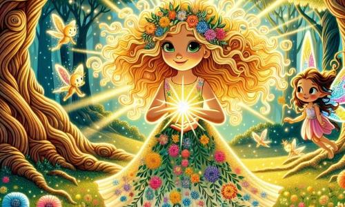 Una niña de 7 años, Valentina, con cabello rizado y dorado como rayos de sol, se encuentra en el centro de la imagen, con ojos brillantes de valentía y asombro. Lleva un vestido colorido decorado con flores y sostiene una estrella brillante en sus manos, lista para colocarla en el suelo. A su lado, un pequeño ser mágico, Lumina, un hada con alas multicolores y piel luminosa, vuela alegremente a su alrededor, sonriendo con ojos chispeantes de magia. El escenario es un claro encantado, rodeado de grandes árboles con troncos retorcidos y hojas brillantes, donde flores de colores vivos bailan al viento. Rayos de luz dorada filtran a través de las ramas, creando una atmósfera mágica. La situación principal muestra a Valentina y Lumina colocando la Estrella de la Mañana en el centro del claro, iluminando todo el lugar con una luz resplandeciente, mientras criaturas mágicas, como pájaros coloridos y pequeños animales curiosos, las observan con asombro.