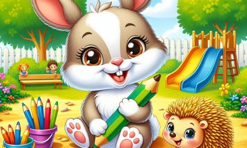 Un pequeño conejo de grandes orejas y pelaje suave, con ojos marrones brillantes de emoción, está sentado en un banco en un patio escolar, sosteniendo un lápiz de colores en sus patas. Sonríe ampliamente, rodeado de dibujos coloridos que ha realizado. A su lado, un pequeño erizo con púas doradas y ojos redondos, mostrando una expresión de alegría y curiosidad, mira el dibujo del conejo. Sostiene un pequeño balde de arena, listo para construir un castillo, y está justo al lado del conejo, compartiendo el mismo banco. La escena transcurre en un patio escolar soleado, con árboles verdes al fondo, un tobogán colorido y niños jugando a lo lejos. El suelo está cubierto de arena dorada, y flores de colores vivos bordean el camino. En esta ilustración, el conejo y el erizo están compartiendo un momento de creatividad y amistad, dibujando juntos y riendo bajo el suave sol, simbolizando la alegría del aprendizaje y la amistad en la escuela.