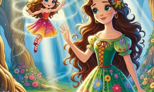 Lila, una giovane donna con lunghi capelli ondulati castani, indossa un vestito floreale dai colori vivaci. Il suo viso emana curiosità e meraviglia mentre si trova davanti a una piccola fata di nome Fiorella. Lila sta allungando la mano verso Fiorella, che fluttua nell'aria con ali scintillanti come stelle. Fiorella è piccola e delicata, con capelli dorati e occhi brillanti di malizia. Sorride gioiosamente mentre mostra a Lila la strada verso il Regno delle Meraviglie. Lo scenario è un magnifico bosco incantato, pieno di alberi maestosi e fiori colorati che danzano nel vento. I raggi di sole filtrano tra le foglie, creando un'atmosfera magica e luminosa. La situazione principale mostra Lila e Fiorella pronte ad affrontare la nuvola triste che ha rubato i colori del regno, con determinazione nei loro occhi. Lila è pronta a parlare con la nuvola, mentre Fiorella la incoraggia con un sorriso fiducioso.