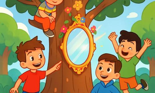 Hay 4 niños: - Leo: Un chico de 9 años con cabello castaño alborotado, lleva una camiseta roja y un short azul. Está de pie, sonriendo y señalando hacia el espejo mágico colgado en el árbol. - Pablo: Un chico de 8 años con gafas redondas y cabello rubio. Lleva una camisa a rayas multicolores y está sentado en una rama del árbol, con aire soñador y ojos muy abiertos. - Mateo: Un chico de 9 años con cabello negro y pecas, vestido con una camiseta verde y pantalones cortos. Está saltando alegremente cerca del árbol, con los brazos levantados hacia el cielo. - Samir: Un chico de 9 años con cabello castaño y una prótesis en la pierna, lleva un sudadera azul. Está de pie junto a Leo, mostrando una gran sonrisa, listo para explorar. El lugar es un claro encantado, rodeado de grandes árboles con troncos gruesos y hojas de un verde brillante. En el centro, se erige un majestuoso árbol, cuyas ramas están cargadas de flores coloridas y un espejo brillante que refleja la luz del sol. El suelo está cubierto de hierba suave y flores multicolores, creando una atmósfera mágica y acogedora. La situación principal de la historia muestra a los cuatro amigos descubriendo el espejo mágico, que brilla intensamente, mientras están alrededor del árbol, llenos de asombro y emoción, listos para entrar en un mundo fantástico.