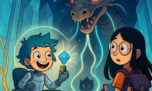 Há 2 personagens principais: - Luna: uma menina de 10 anos com cabelo curto e desgrenhado, tingido de azul, usando um traje futurista prateado. Ela está sentada em uma cadeira flutuante, com os olhos brilhando de excitação, pronta para se lançar. - Maia: uma menina de 10 anos, alta e magra, com longos cabelos negros e óculos redondos. Ela segura uma mochila grande cheia de livros e cristais, observando curiosamente a cena ao seu redor. O local da ação principal é um imenso palácio de cristal, com paredes cintilantes, onde raízes douradas serpenteiam entre as placas de metal. O teto é um céu estrelado, iluminado por estrelas cadentes e constelações mágicas. No centro, uma máquina colossal, feita de pedaços de dragão e cabos luminosos, pulsa com uma energia vibrante. A situação principal da história mostra Luna e Maia, em frente à máquina, com um cristal brilhante em uma mão e um chip tecnológico na outra. Elas estão cercadas por uma aura luminosa, enquanto uma sombra misteriosa se forma atrás delas, pronta para guiá-las em sua busca para restaurar o equilíbrio entre magia e ciência.