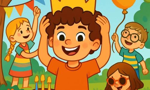 Een 8-jarige jongen, Max, met een grote krullende haardos en sprankelende ogen, lacht breed terwijl hij een grote papieren kroon op zijn hoofd houdt. Hij is omringd door zijn vrienden: Sara, een 7-jarig meisje met gevlochten blond haar en een kleurrijke jurk, die slingers aan een tak hangt; Tom, een 8-jarige jongen met een bril en een gestreept t-shirt, die lacht terwijl hij een ballon vasthoudt die wegvliegt; en Lisa, een 7-jarig meisje met bruin haar en een zonnebril, die met krijt op de grond tekent. De scène speelt zich af in een groene park, vol majestueuze bomen, schitterende bloemen en een groot rood-wit geruite tafelkleed met een prachtige chocoladetaart versierd met kleurrijke kaarsen. Max en zijn vrienden hebben plezier met het voorbereiden van een vrolijk verjaardagsfeest, vol lach, spelletjes en verrassingen, terwijl de zon schijnt in een heldere blauwe lucht.