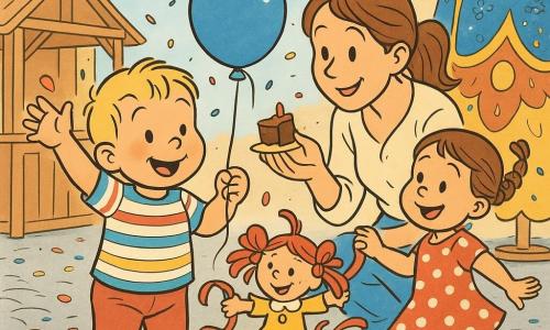 Ein fröhlicher 2-jähriger Junge mit kurzen blonden Haaren, gerundeten rosigen Wangen, bunten Schuhen und gestreiftem T-Shirt hält ein glänzendes blaues Luftballon, hebt lachend die Hand; dahinter hockt die Mutter (ca. 30, braune zusammengebundene Haare, helle Bluse) und lächelt, während sie ihm ein kleines Stück Kuchen reicht; rechts von ihm tanzt ein etwa 4-jähriges Mädchen mit geflochtenen Haaren und gepunktetem Kleid, hält die Hand eines nicht sichtbaren Kindes und zeigt dem Jungen einen Tanzschritt; in der Bildmitte springt eine Stoffpuppe mit roten Bändern aus einer Schachtel, Bänder wehend; die Kopfsteinstraße des Karnevals ist mit mehrfarbigem Konfetti, roten und gelben Girlanden, Holzständen gepflastert, im Hintergrund glitzert ein riesiges Pailletten-Kostüm; Hauptszene: Junge vorn mit Ballon, Puppe davor, Mädchen zu seiner Rechten, Mutter direkt dahinter, alles unter Konfettiregen und weichem Licht, heller Stil, kräftige Farben, klare Konturen und überdeutliche Gesichtsausdrücke für Kleinkinder.
