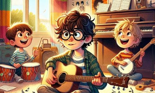 In una stanza colorata, Marco, un ragazzo di 11 anni con capelli castani arruffati e occhiali rotondi, è seduto su un tappeto morbido, circondato da poster di musicisti famosi. Alla sua destra, Luca, un ragazzo di 11 anni con capelli biondi e occhi brillanti, tiene una chitarra con un grande sorriso, pronto a suonare. A sinistra, Samuele, un ragazzo di 10 anni con capelli neri e lentiggini, batte gioiosamente su un tamburo, gli occhi pieni di eccitazione. La stanza è illuminata da raggi di sole che filtrano attraverso le tende colorate, illuminando un pianoforte antico in un angolo. Note musicali fluttuano nell'aria e fogli di carta con spartiti sono sparsi attorno a loro. I tre amici stanno provando a suonare una melodia, ma Marco, con un'espressione preoccupata, sembra esitare, consapevole che non stanno suonando davvero, ma stanno fingendo. L'espressione di Marco rivela il suo dilemma interiore tra il desiderio di vincere un pianoforte e la realtà della loro menzogna.