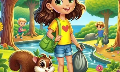 Ein 8-jähriges Mädchen, Mia, mit langen braunen Haaren und neugierigen, strahlenden Augen, lächelt fröhlich, während sie im grünen Park Müll aufhebt. Sie trägt ein leuchtend gelbes T-Shirt und eine Jeansshorts, und ihr Gesichtsausdruck ist entschlossen und begeistert. Neben ihr beobachtet ein kleines Eichhörnchen namens Max, mit braunem Fell und einem buschigen Schwanz, mit leuchtenden Augen und ist bereit zu helfen. Im Hintergrund sind mehrere Kinder, darunter ein Junge mit blonden Haaren und ein Mädchen mit lockigem Haar, beschäftigt, Müll aufzusammeln, alle lächelnd und engagiert. Der Park ist voller großer Bäume mit leuchtend grünen Blättern, bunten Blumen, die im Wind tanzen, und einem kleinen Teich, der in der Sonne glitzert. Die Szene strahlt eine Atmosphäre von Kameradschaft und Freude aus und zeigt die Wichtigkeit, die Natur zu schützen. Mia und ihre Freunde arbeiten zusammen, füllen ihre Säcke mit Müll und lachen, während sie sich gegenseitig ermutigen.