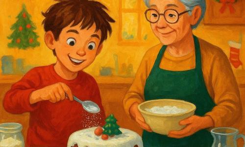 A 10-year-old boy, Milo, with tousled brown hair and sparkling eyes, stands in a cozy kitchen. He wears a delighted smile as he sprinkles shimmering sugar on a Christmas cake. Next to him, his grandmother, Nana June, a 65-year-old woman with silver hair and round glasses, watches him with a caring look while holding a bowl of icing. The kitchen is bathed in golden light, with Christmas decorations hanging on the walls and a wooden table covered with baking ingredients. The main scene shows Milo focused and joyful, adding the final touch to his magical cake, while Nana June gently encourages him.