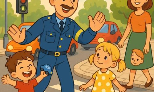 A smiling tall police officer with short brown hair and a thin mustache wears a shiny blue uniform with a cap and reflective armband, making large gentle gestures to stop cars; a girl, Lily, about 5 with blonde pigtails and a yellow polka-dot dress holds her mother's hand to the officer's right and admires him while walking slowly; a boy, Max, about 4 with brown hair in a red t‑shirt holds a small blue toy car and jumps for joy at the officer's left; the mother, in her thirties with brown hair and a green skirt, smiles in the background near the sidewalk; the scene is at a busy crosswalk with a light cobblestone sidewalk, lamppost, red and green signals, colorful waiting cars, green trees and a park behind; main situation: the officer helps the children cross safely with clear gestures and relieved faces, soft morning light, bright colors, crisp outlines, warm cartoon style suitable for toddlers.
