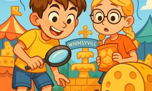 A 10-year-old boy named Oliver, with messy brown hair and sparkling eyes, stands in front of a large wheel of cheese, a look of wonder on his face. He wears a bright yellow t-shirt and denim shorts, holding a magnifying glass in one hand, ready to solve the mystery of the stolen cheese. Next to him is his best friend Lily, a 9-year-old girl with braided blonde hair and round glasses, looking curiously with wide eyes while holding a bag of cheese puffs in the other hand. The setting is a cheese festival in the town of Whimsyville, featuring colorful stalls adorned with cheese sculptures, cheese-shaped balloons floating in the blue sky, and a cheese fountain sparkling in the sun. The main scene shows Oliver and Lily investigating carefully on the ground, where cheese puff crumbs reveal the path of a thief, while a mischievous little rat hides behind a giant wheel of cheese, ready to escape with its loot.